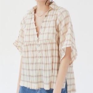 BDG Urban Outfitters Beige Plaid Button-Up babydoll Blouse size small nwt